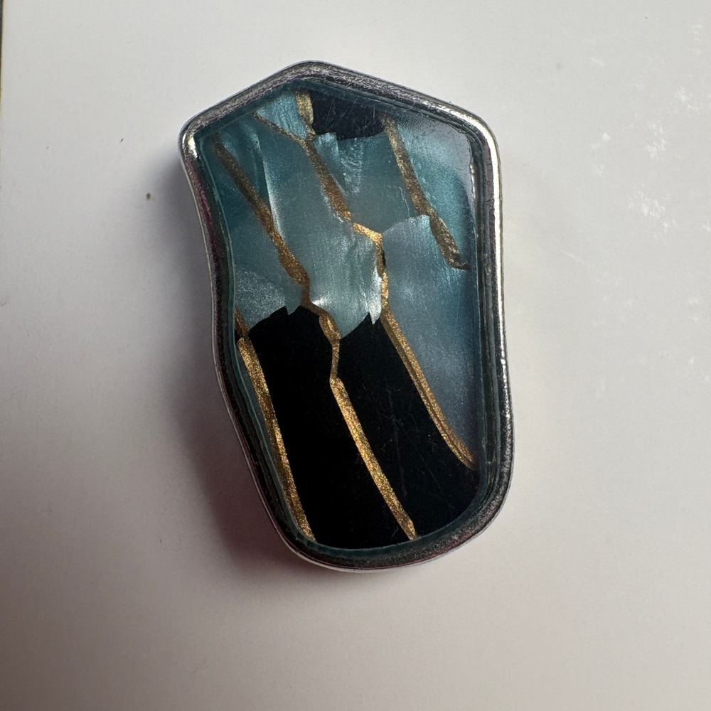 Teal Black Gold Kintsugi Style Mosaic Stud Earrings Silver Tone Geometric Post - Picture 6 of 7